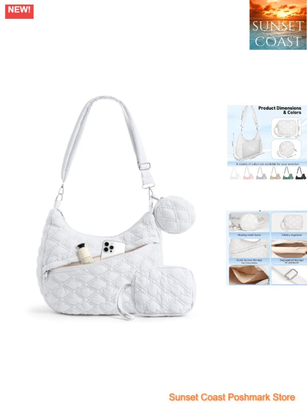 Quilted Puffer Tote Bag Set Hobo Crossbody with Adjustable Strap Nylon